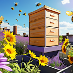 A rooftop urban garden with beehives, blooming flowers (lavender, sunflowers, cosmos), and bees flying around, under a bright sunny sky.