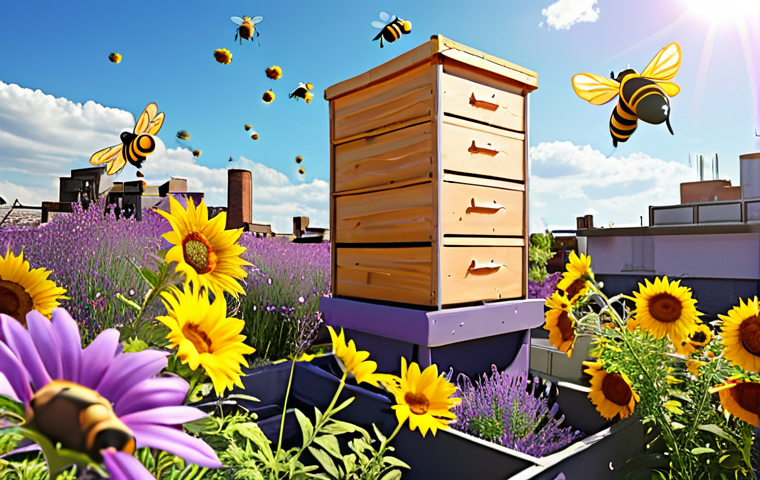 A rooftop urban garden with beehives, blooming flowers (lavender, sunflowers, cosmos), and bees flying around, under a bright sunny sky.