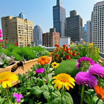 **

"A vibrant rooftop garden in a city with skyscrapers in the background. Bees are flying around colorful flowers. In the garden, there are vegetables growing alongside the flowers. The scene should convey urban biodiversity and a sustainable environment."

**