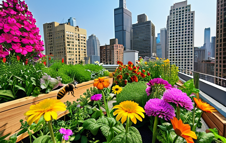 **
"A vibrant rooftop garden in a city with skyscrapers in the background. Bees are flying around colorful flowers. In the garden, there are vegetables growing alongside the flowers. The scene should convey urban biodiversity and a sustainable environment."
**